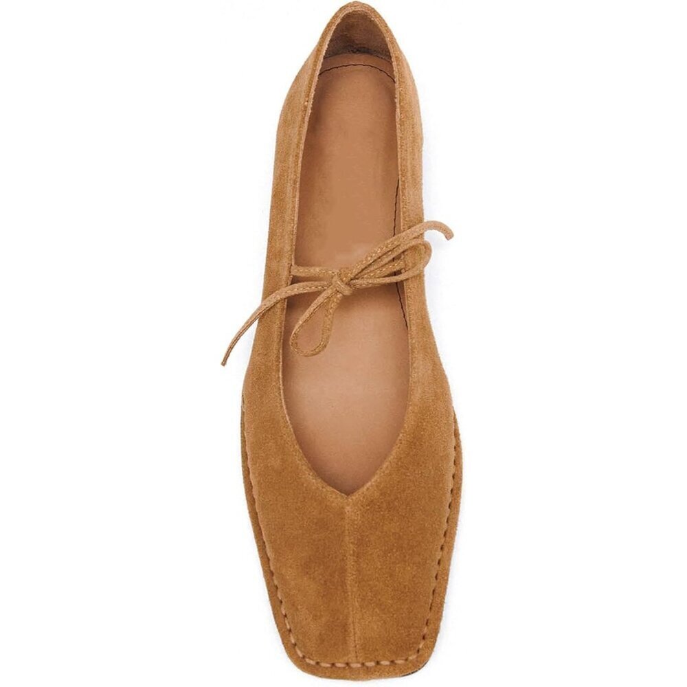 Women Tan Suede Faux Leather Square Toe Lace Up Ballerina Ballet Slip On Flats